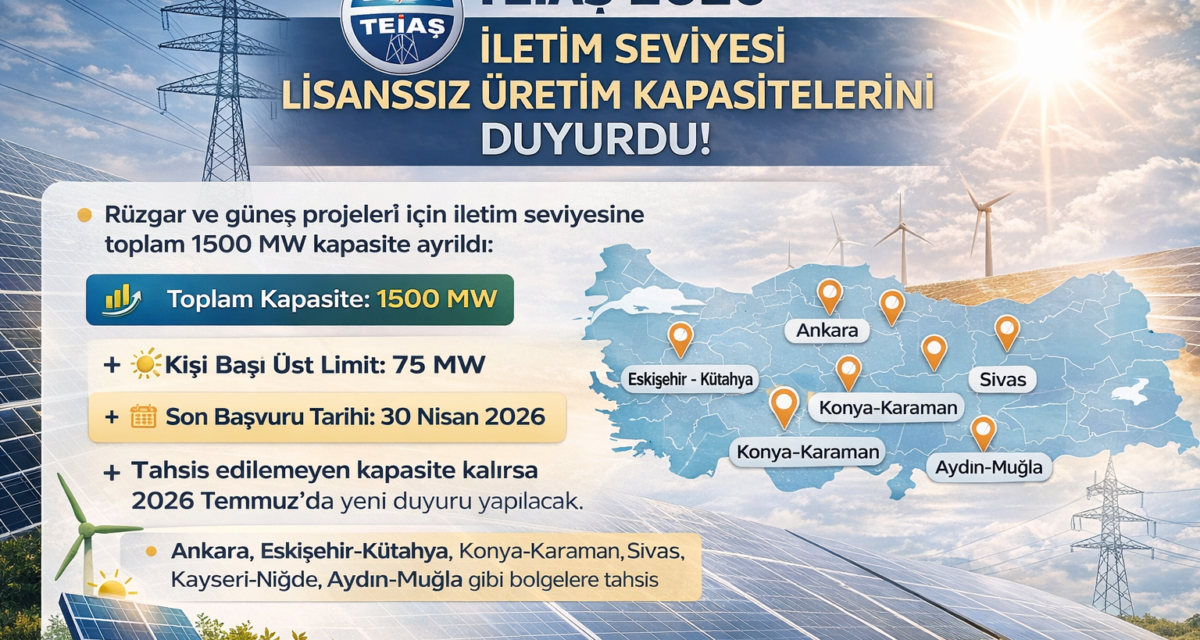 TEİAŞ 2026 Enerji Kapasiteleri Duyuruldu: 3.500 MW Fırsatı